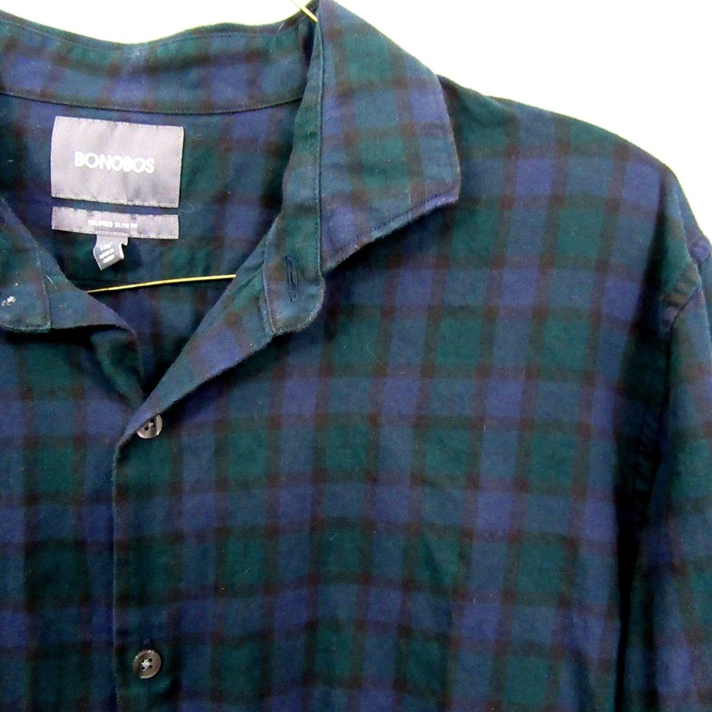 Bonobos Mens Button Up Shirt L Long Green Blue Plaid Tailored Slim‎ Fit